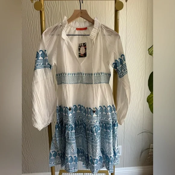 New OLIPHANT Balloon Long Sleeve Short Dress Santorini Blue & White Floral Print - Picture 4 of 10